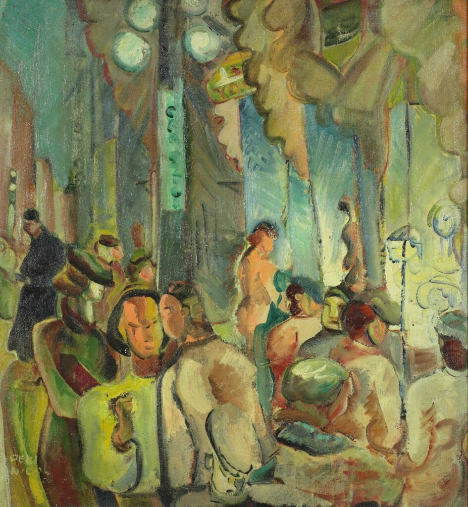 Tableau représentant des personnes se promenant dans le quartier chinois de Toronto, avec des pancartes et des banderoles accrochées en arrière-plan