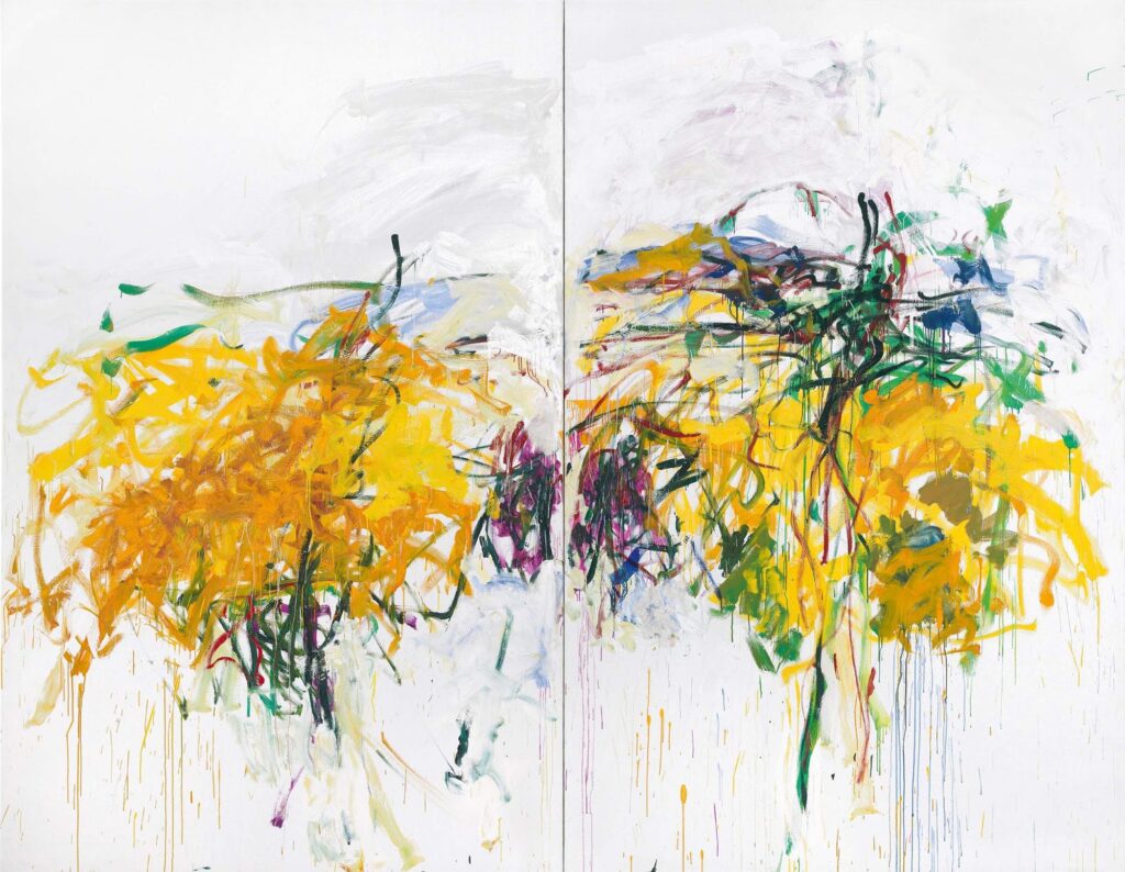 Peinture abstraite représentant de grandes éclaboussures de peinture dans les tons jaune, orange et vert clair et foncé