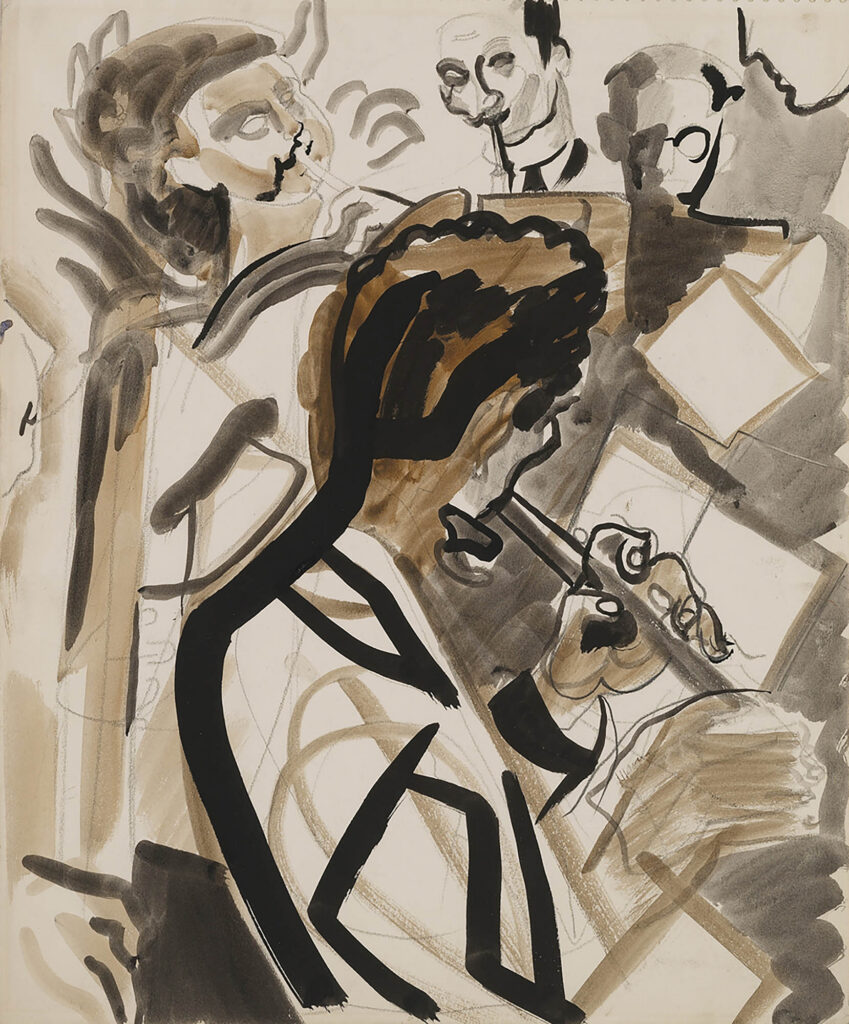Abstract illustration in muted tones of an orchestra playing music, with a man playing a flute in the foreground