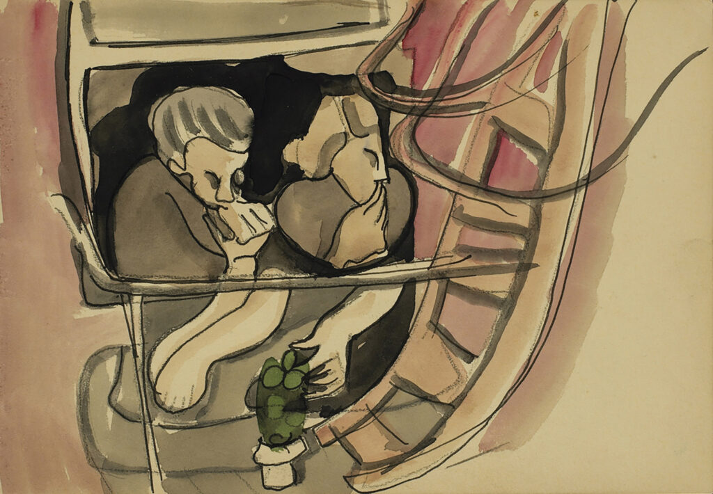 Tableau représentant un homme et une femme assis sur l'escalier de secours devant la fenêtre de leur appartement