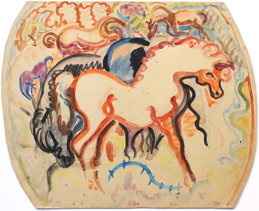 Painting of a pony from the side, with additional ponies in the background, in orange and blue hues