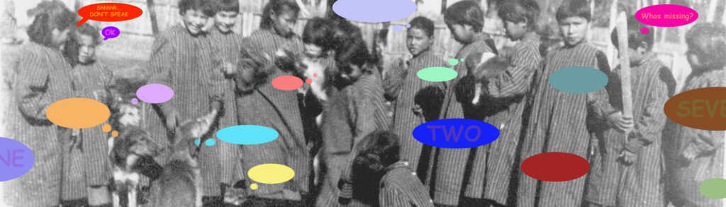 A black and white photograph overlayed with brightly-coloured speech bubbles.