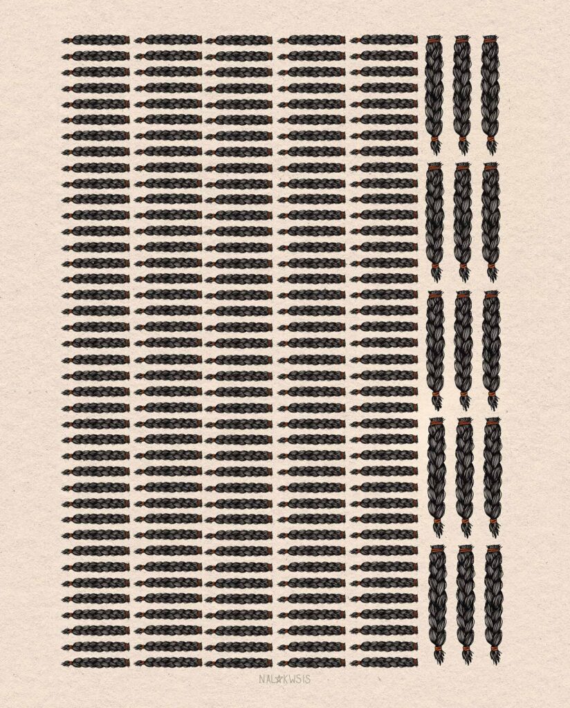An artwork depicting 415 hanks of braided hair.