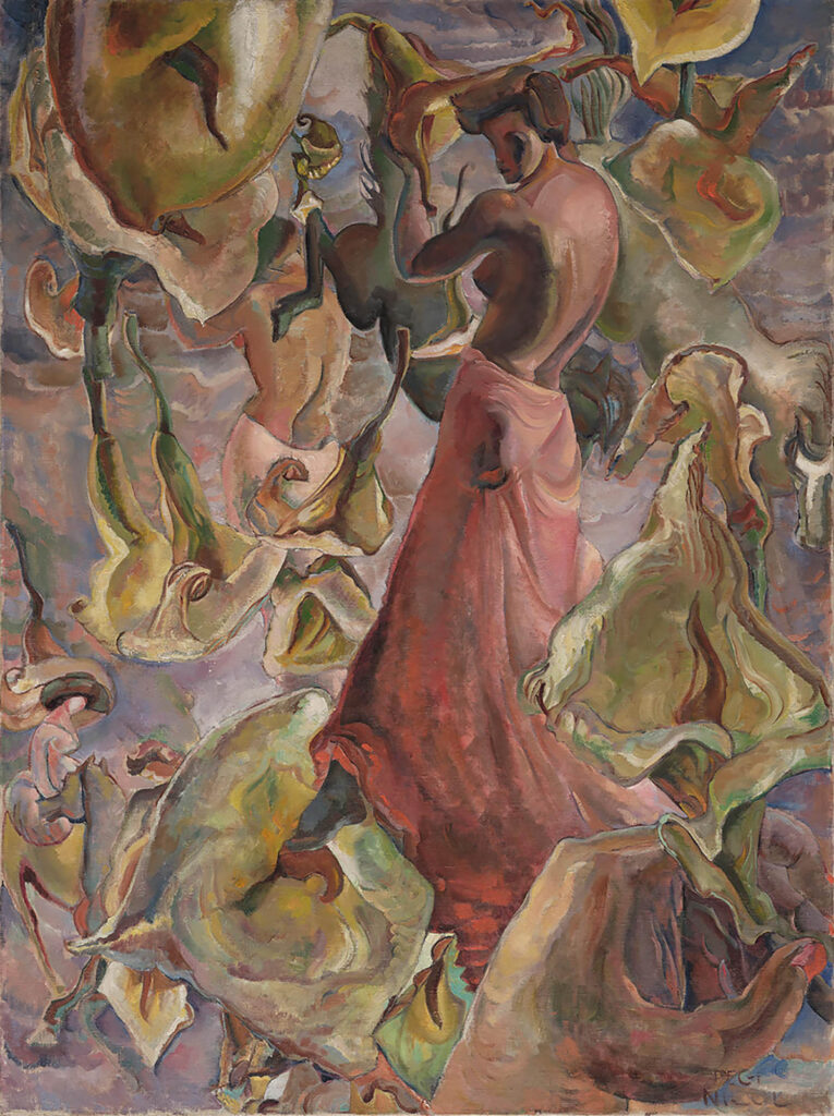 Tableau représentant une femme torse nu, vêtue d'une jupe longue, tournant le dos à l'artiste, entourée de fleurs et de mains tenant des fleurs