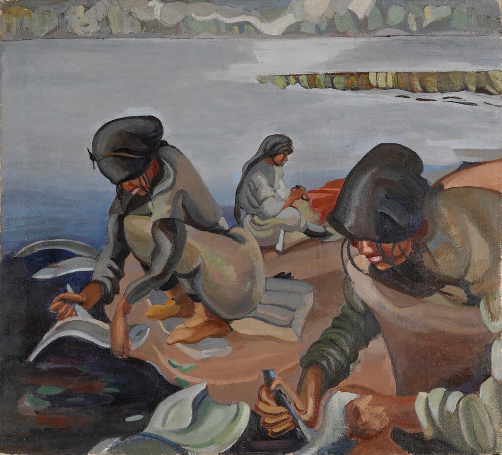 Tableau représentant des femmes au bord d'un plan d'eau, penchées au-dessus de l'eau, en train de nettoyer du poisson à l'aide de couteaux.