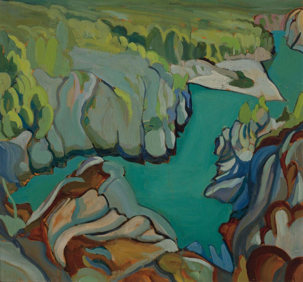 Abstract painting of a river with tall bluffs on either side, in green and blue hues