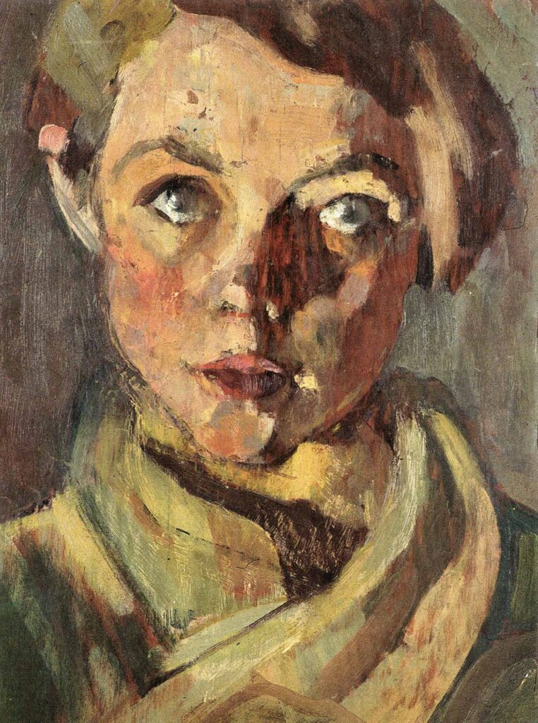 Painting of a woman with short hair, wearing a scarf around her neck
