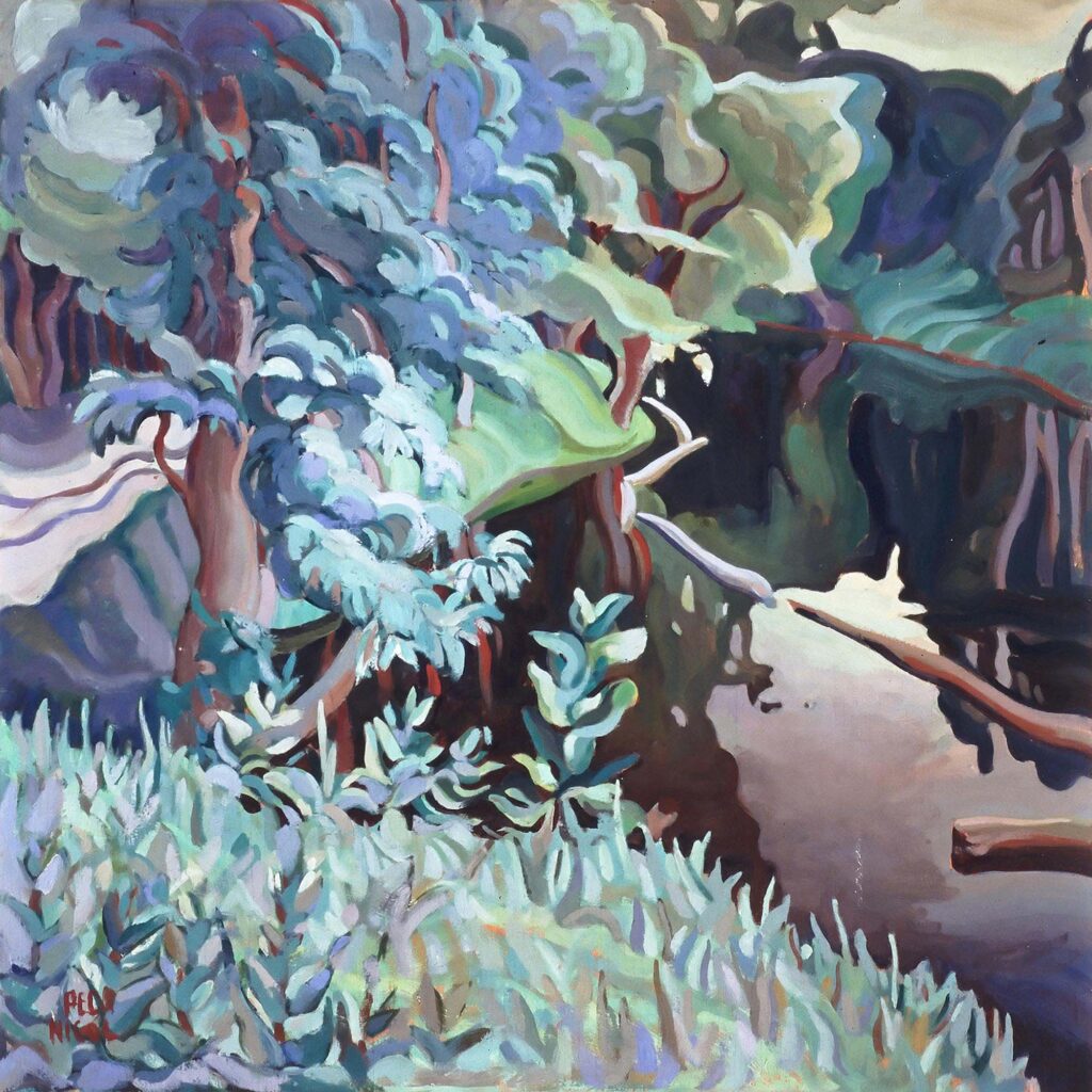 Tableau représentant une rivière parsemée de troncs d'arbres, avec des arbres et de l'herbe au premier plan