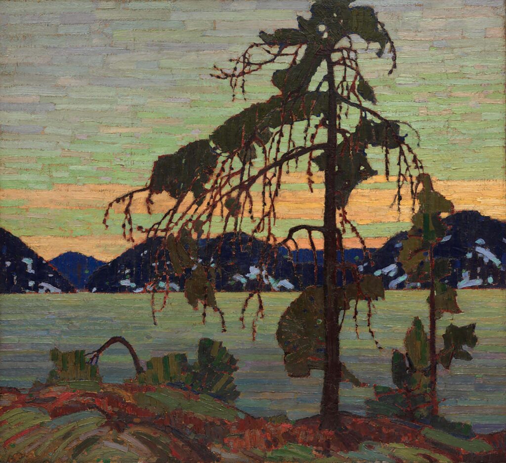 Landscape painting of a tree with water and mountains in the background.