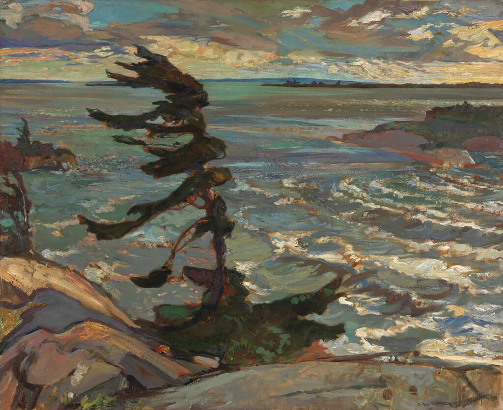 Peinture de paysage représentant un arbre balayé par le vent, avec de l'eau en arrière-plan.