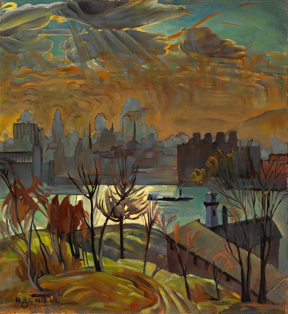 Tableau représentant le port de Montréal, avec au premier plan une île boisée et un phare, un bateau sur l'eau, et en arrière-plan les grands immeubles de Montréal, tandis que les rayons du soleil percent les nuages