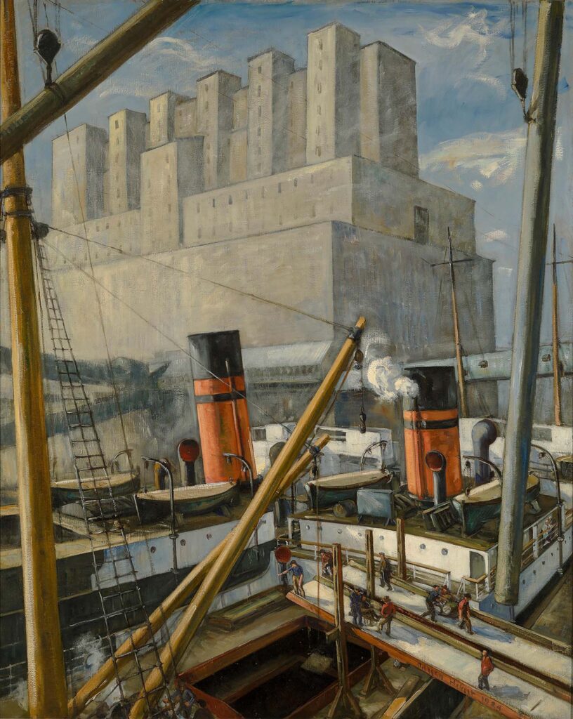 Painting of two shipping boats in a harbour beside a towering factory