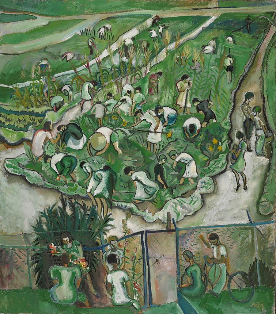 Painting of men and women in a school garden, bending over to harvest fruits and vegetables, with a fence, people, and a bicycle in the foreground
