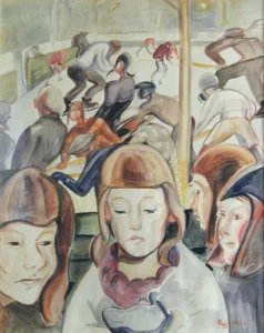 Tableau représentant trois personnes portant des bonnets d'hiver au premier plan, avec, à l'arrière-plan, des personnes jouant au hockey sur une patinoire