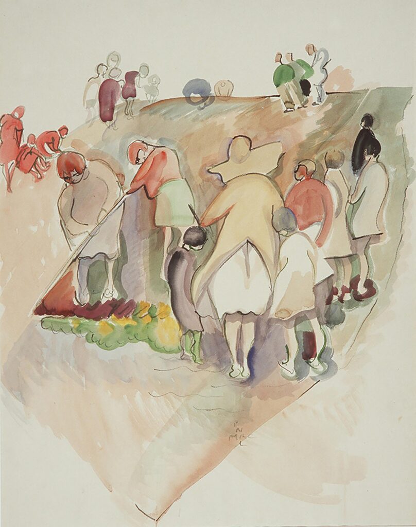 Peinture représentant des hommes et des femmes dans un jardin, en train de récolter des cultures et de sarcler la terre