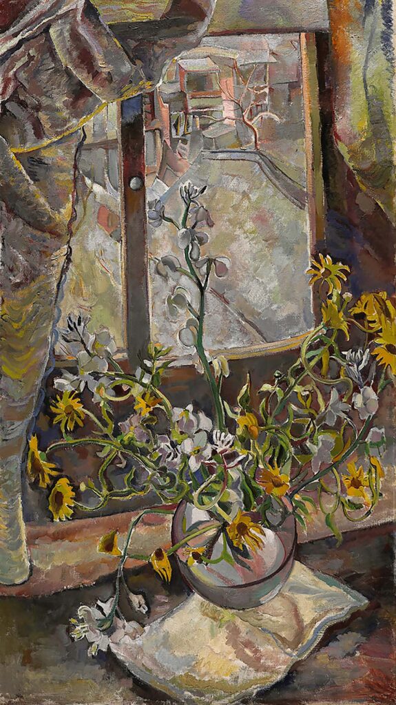 Tableau représentant une fenêtre donnant sur un paysage aux couleurs douces, avec au premier plan un vase rempli de fleurs fraîches aux couleurs vives