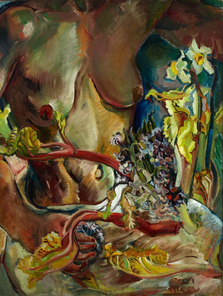 Tableau représentant une femme à demi-nue, vêtue d'une serviette autour de la taille et dévoilant ses seins, tenant un bouquet de fleurs au premier plan