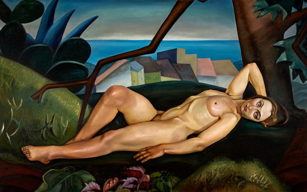 Tableau représentant une femme nue allongée sur l'herbe, sous un arbre.