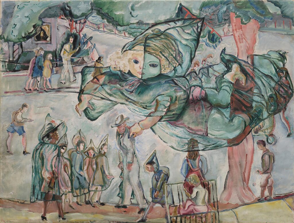 Tableau représentant des enfants marchant et jouant dans des sacs en plastique transparents munis de capuches, l'un d'entre eux, vêtu d'un sac en plastique transparent à capuche, flottant au-dessus des autres personnages