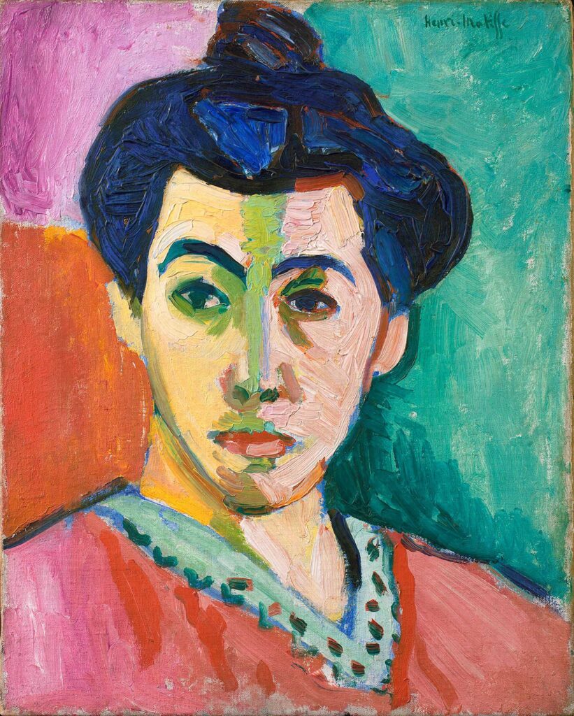 Tableau représentant une femme regardant droit devant elle, sur un fond vert, rose et orange