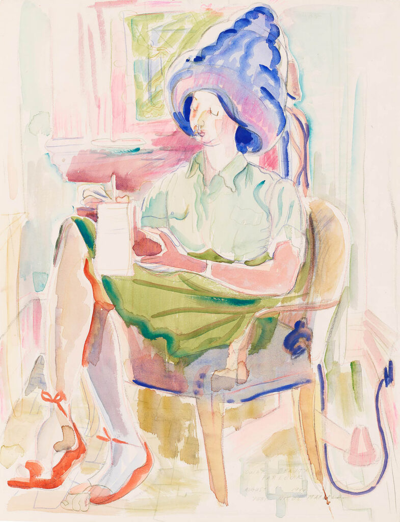 Tableau représentant une femme assise les jambes croisées sur une chaise, les cheveux dans un sèche-cheveux de salon, tandis qu'elle écrit sur un bloc-notes