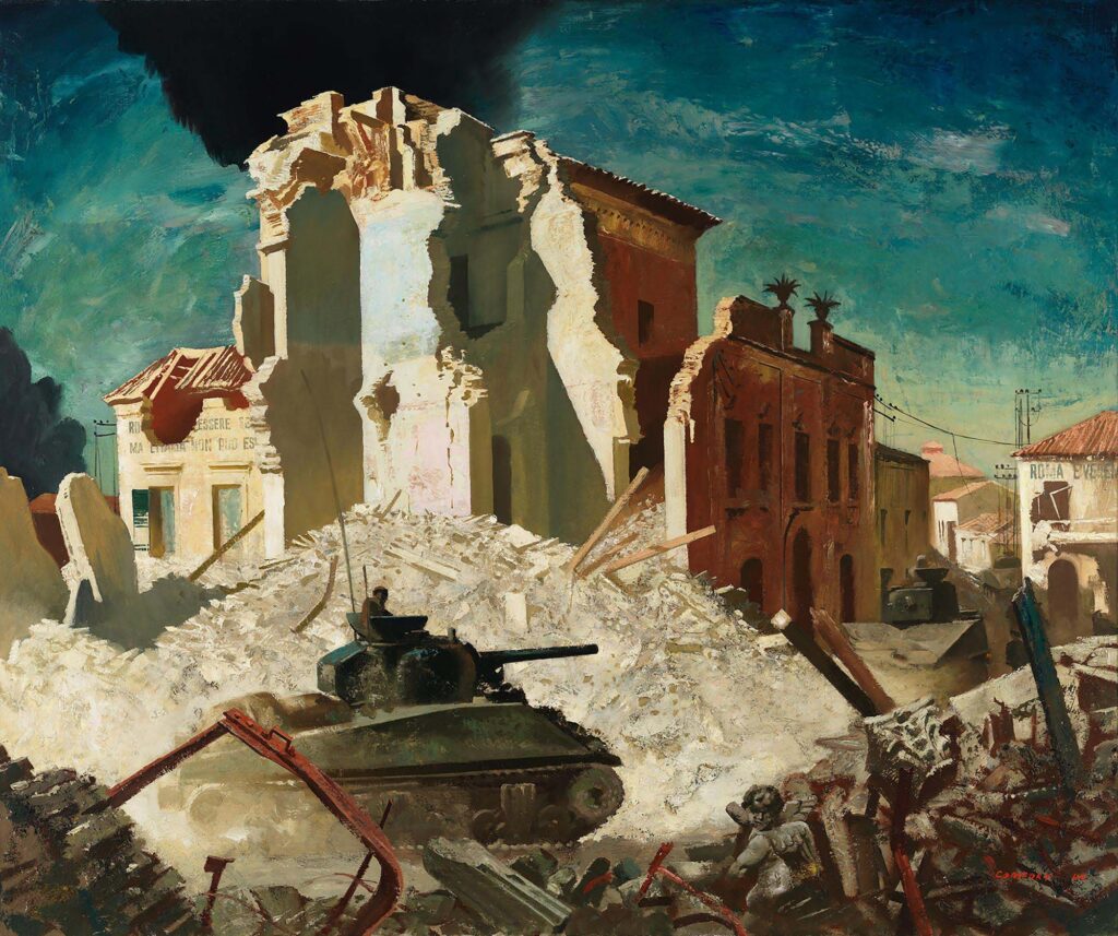 Tableau représentant un char d'assaut traversant les ruines d'une ville en Italie pendant la Seconde Guerre mondiale