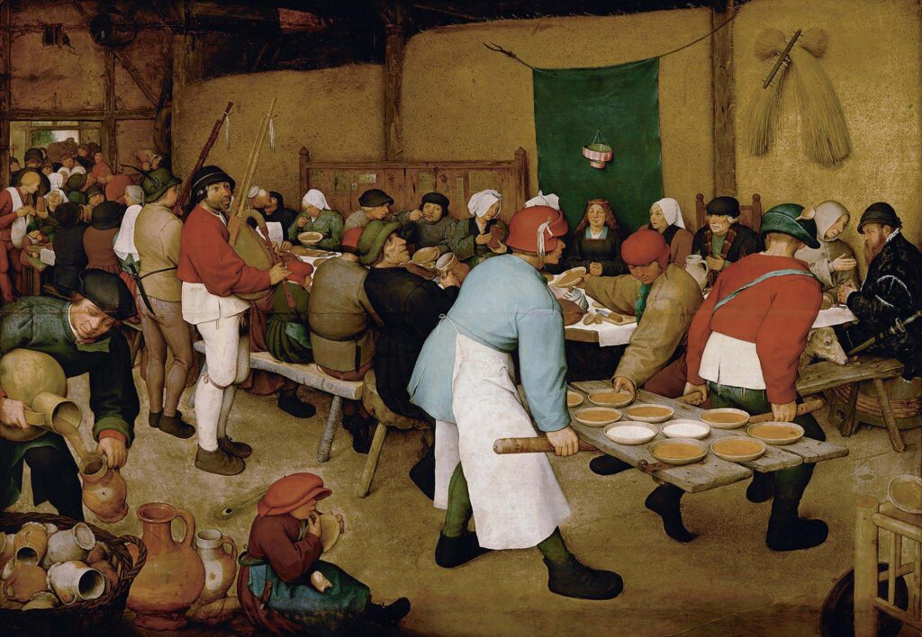 Painting showing a room full of people seated on long benches at long tables, with two men bringing in plates of food to serve