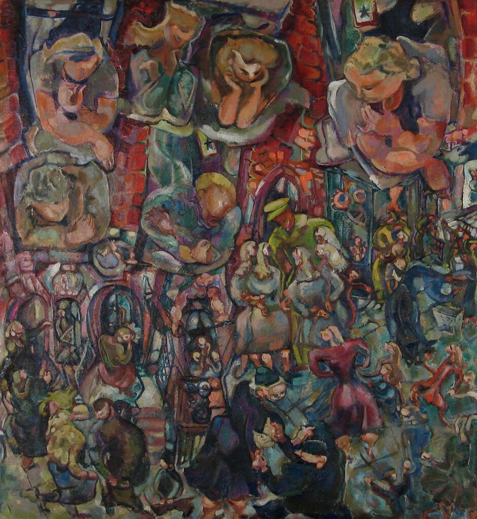 Painting of a busy street with a solder coming home from war to embrace his family, as neighbours watch from outside and in windows as they wait for their soldiers to return, and some neighbours mourn and cry