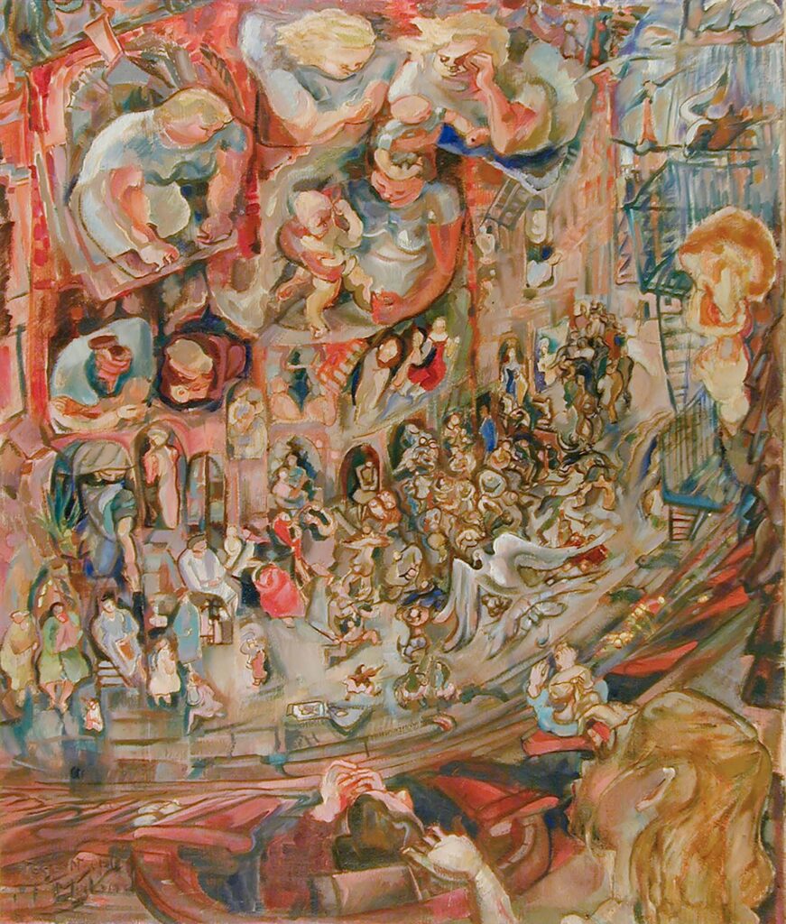 Painting of a busy street scene, with a crowd of people and a giant peace bird on the ground, with onlookers watching from their apartment buildings in the foreground and background