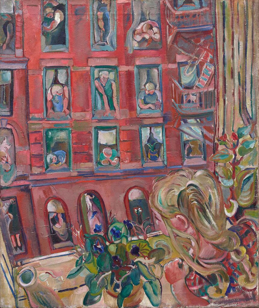 Tableau représentant une jeune fille assise sur le rebord d'une fenêtre, avec des plantes au premier plan, et, à l'arrière-plan, un immeuble de l'autre côté de la rue, d'où l'on aperçoit des personnes regardant par de nombreuses fenêtres