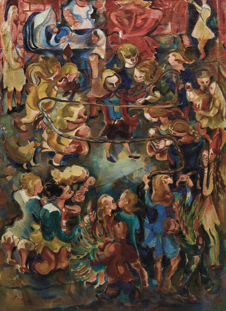 Tableau représentant une fillette faisant de la corde à sauter sous les yeux d'une foule de spectateurs