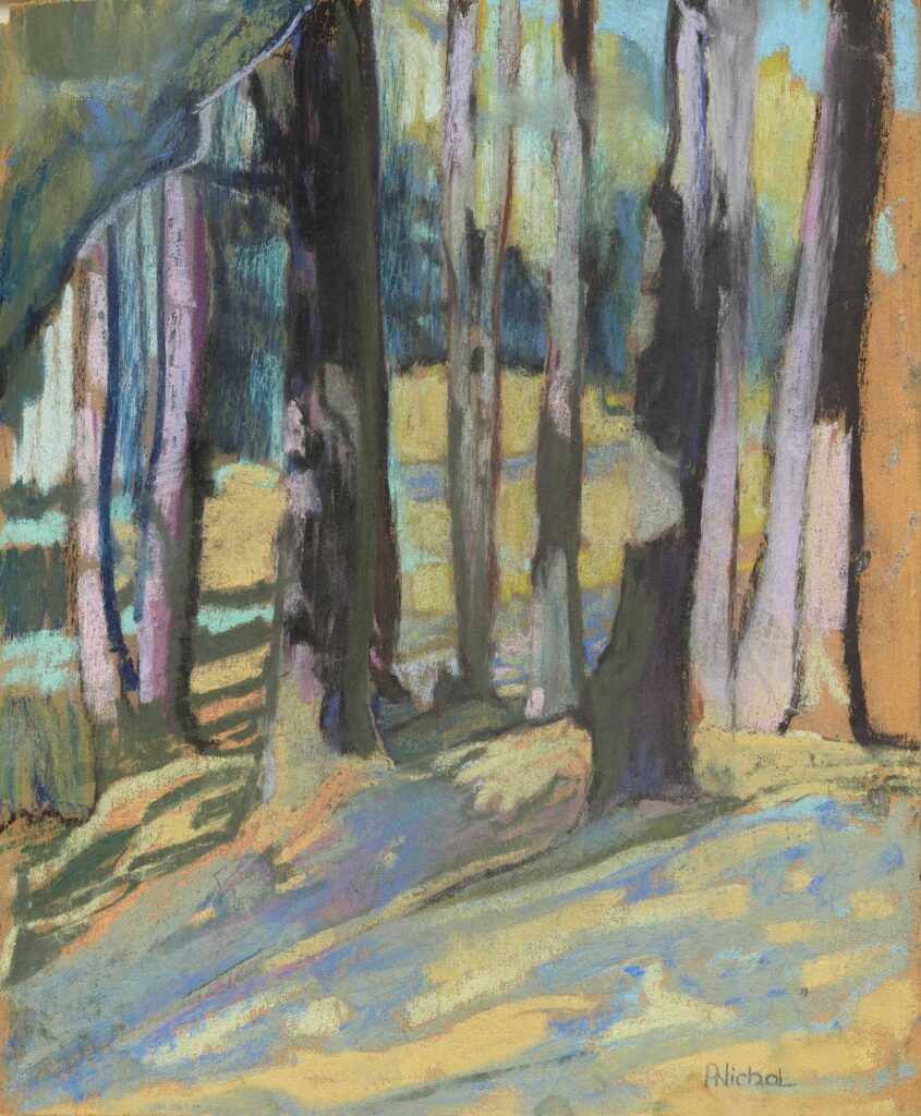 Painting of barren trees in winter