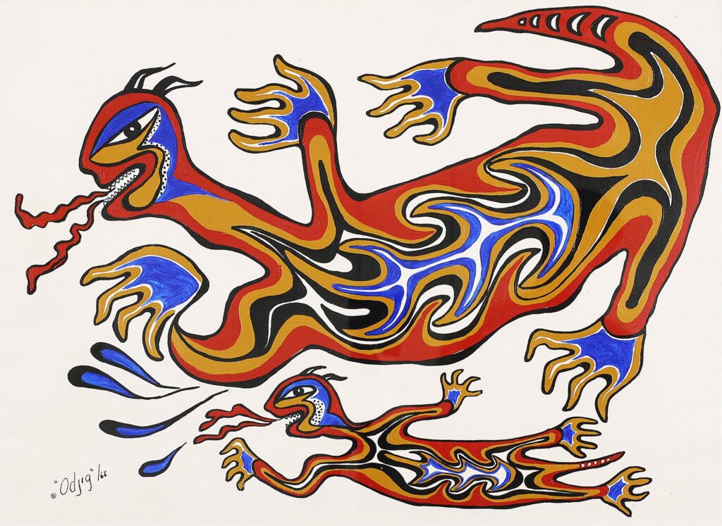 Graphic illustration of a water spirit, renddered in red, ochre and blue.