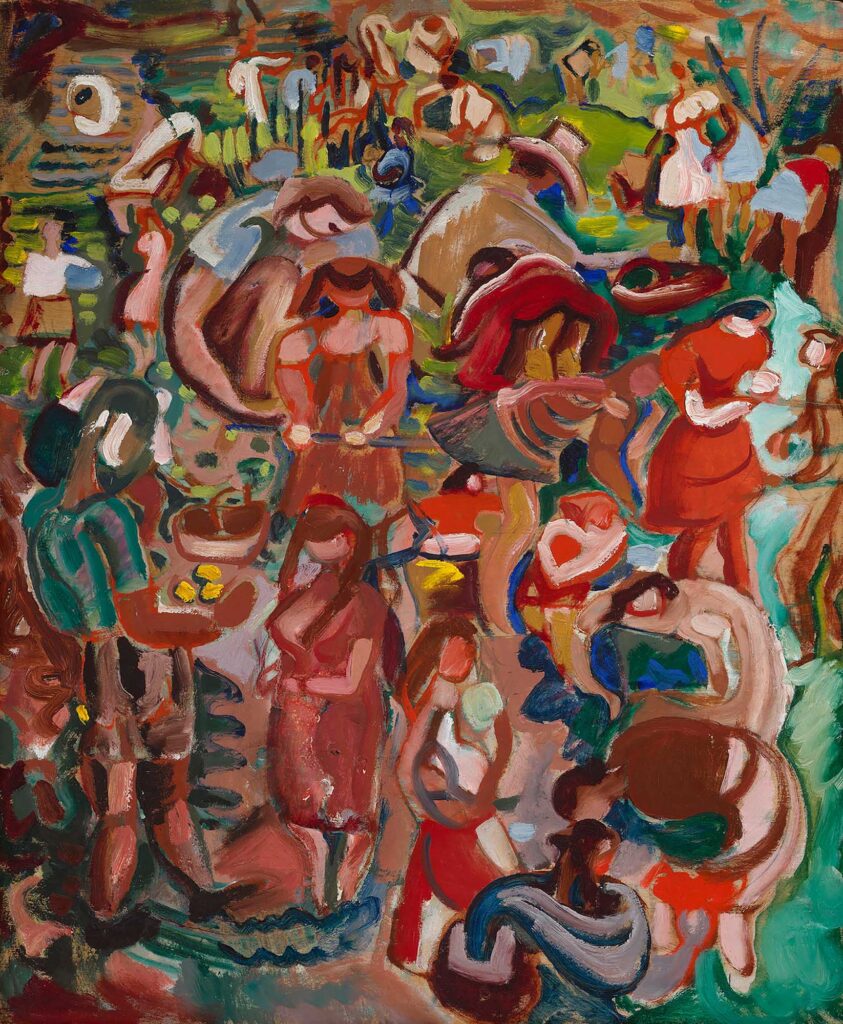 Œuvre figurative abstraite aux couleurs vives, dans les tons rouges et verts.