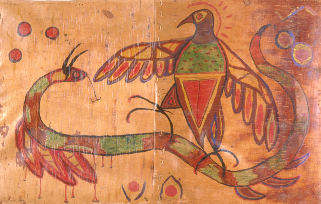 indigenous bird drawn on birchbark