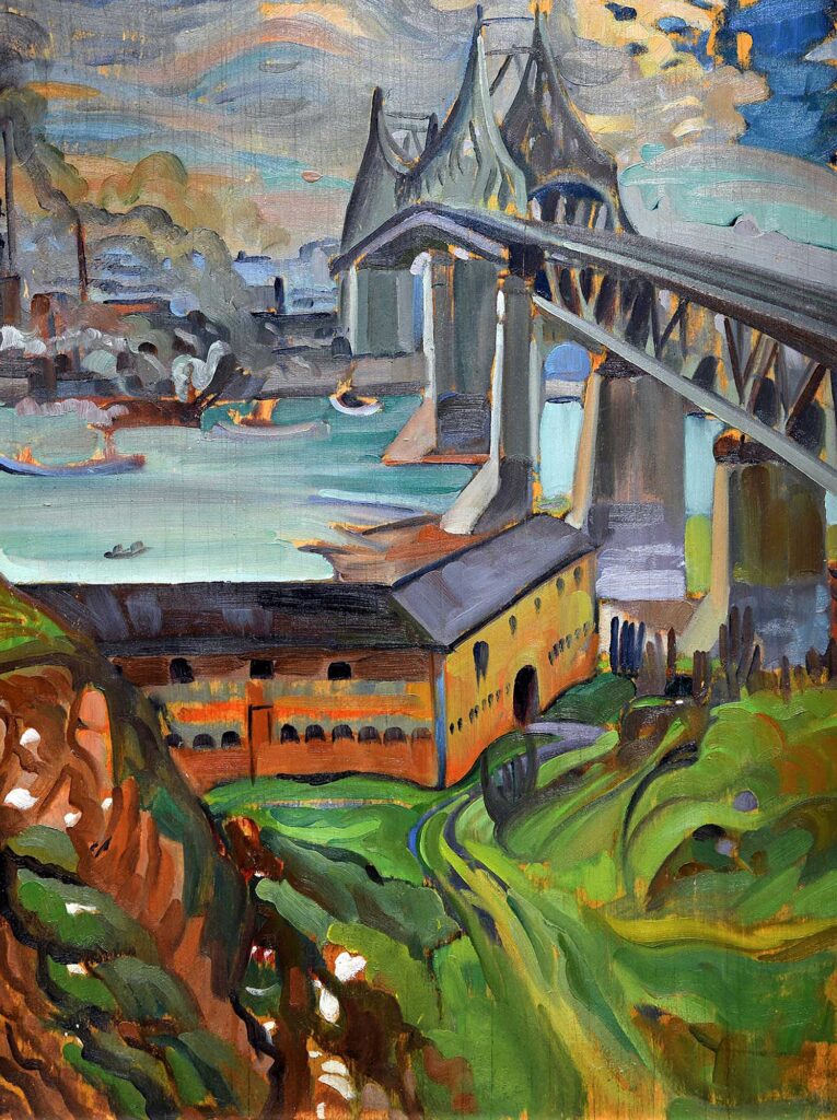 Tableau représentant un pont enjambant une rivière, avec des maisons et des bâtiments de part et d'autre du cours d'eau