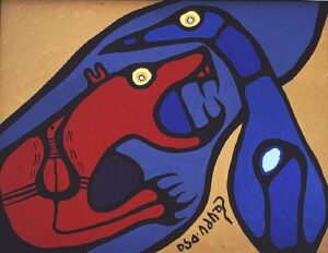red bear and blue bird facing each other
