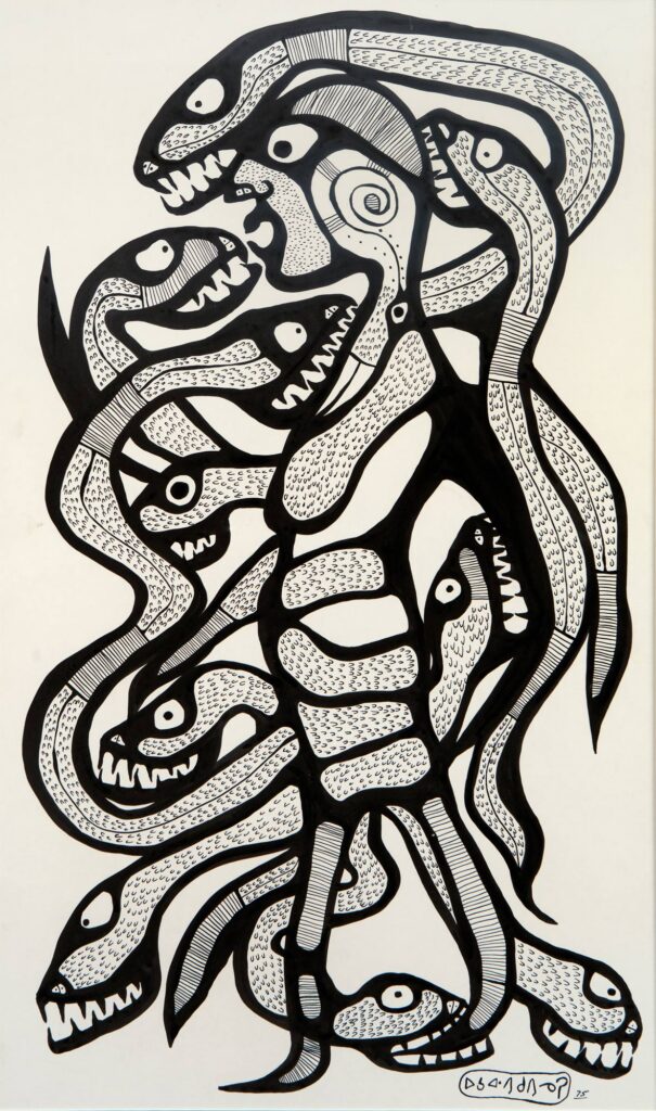 black and white painting of snakes around figure