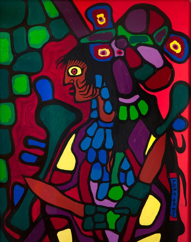 indigenous painting of red and green elaborate figure