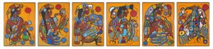 collection of six paintings side by side of an indigenous figure on a yellow background