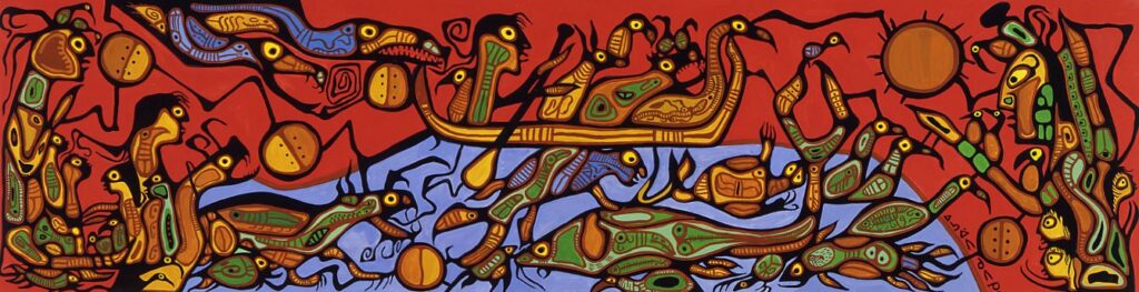 landscape painting of many indigenous figures on red background