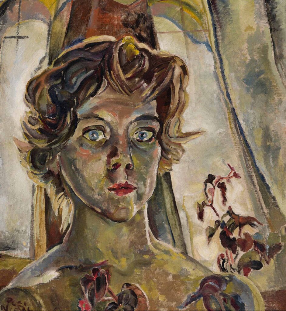 Tableau représentant une jeune femme, réalisé à l'aide de coups de pinceau colorés