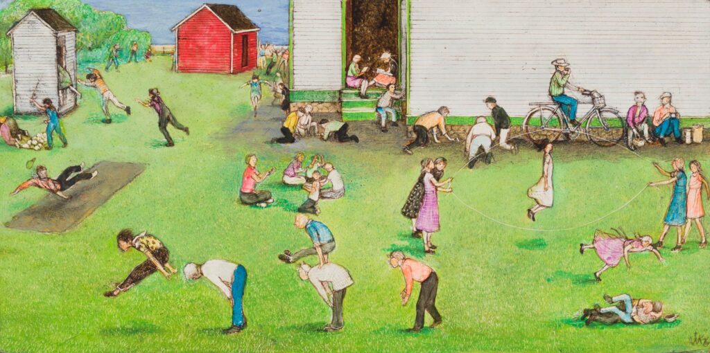 painting of kids playing outside of school in the grass