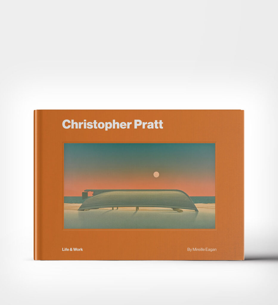 Hard cover print book of Christopher Pratt Life and Work. Yellow background with a painting of an upside-down canoe.