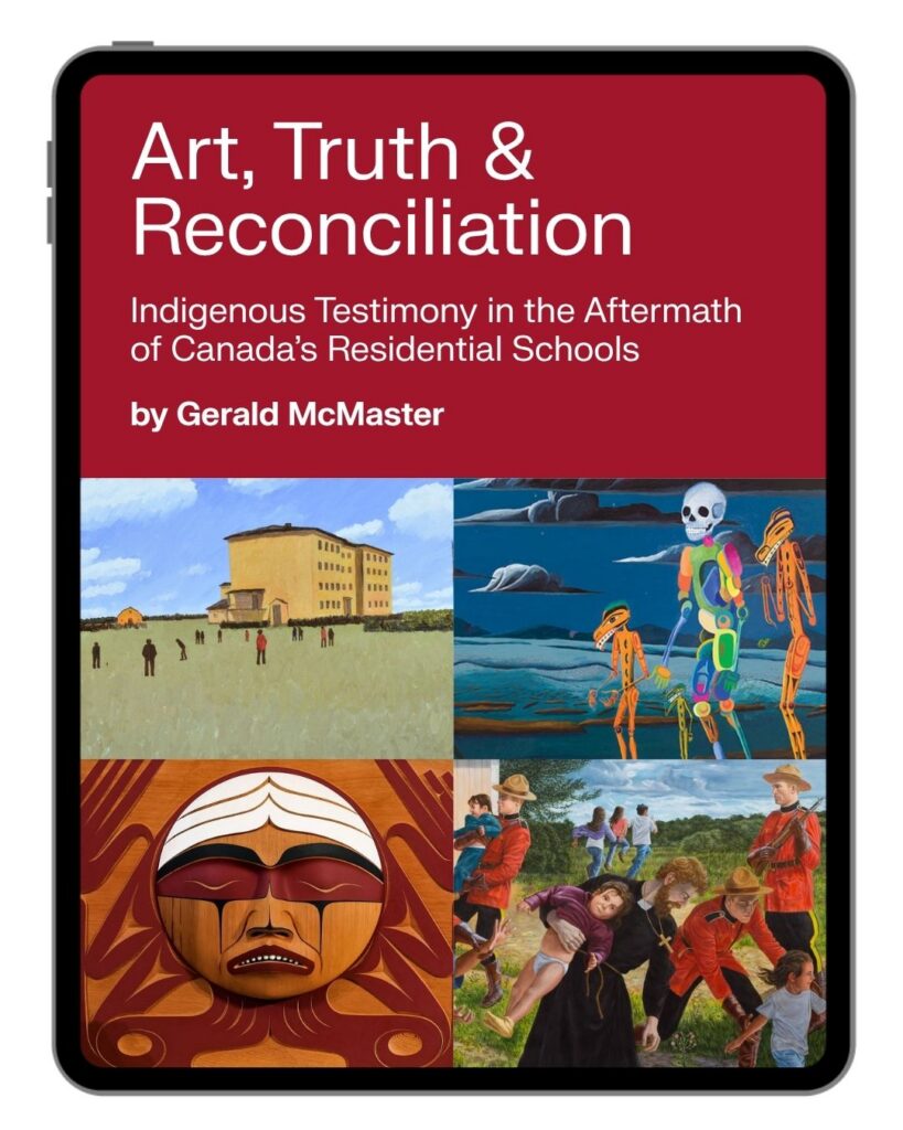 Ipad cover of Art, Truth and Reconciliation featuring four images on a red background